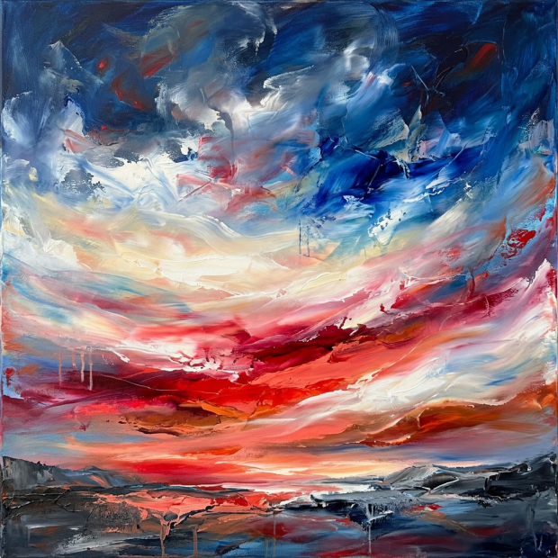 Abstract sunset landscape with bold red, blue, and white swirling colors