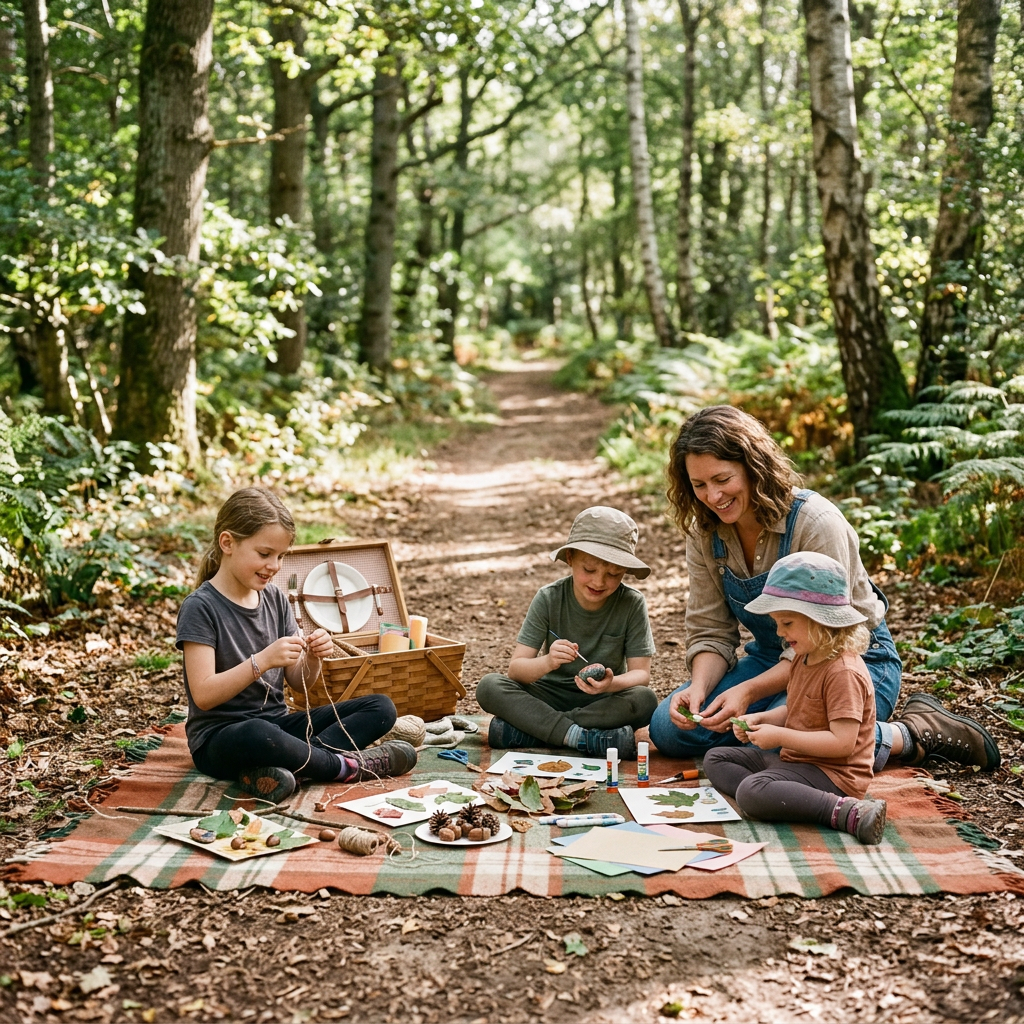 Three children and an adult sitting on a blanket in a forest making crafts with leaves, pinecones, and paper