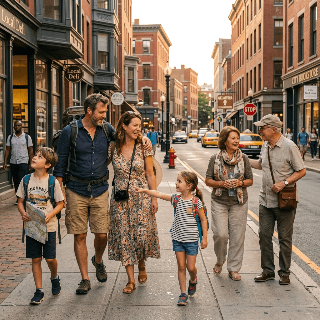 Multigenerational family walking and exploring a historic stone-paved street with flowers and old buildings