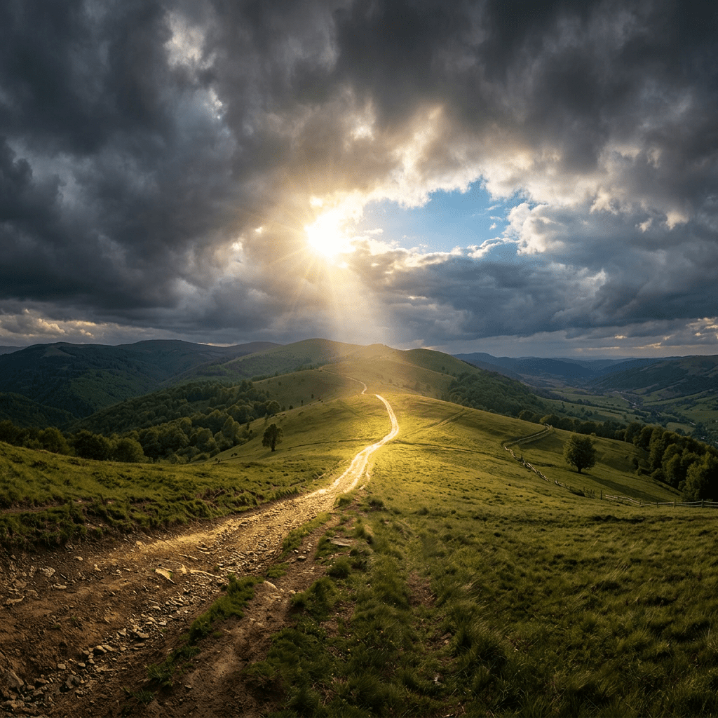Sunlight shining through dark clouds onto a dirt path and grassy hills