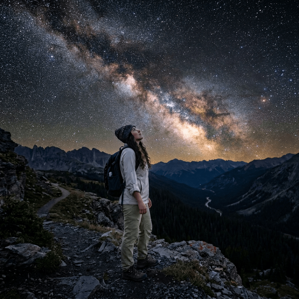 Person in hiking gear looking up at the Milky Way in a mountain landscape at night
